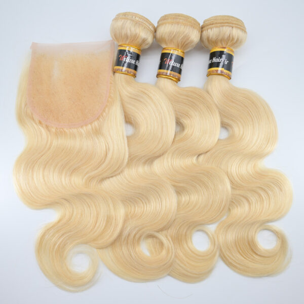 613 Blonde Body Wave 3 Bundles With Lace Closure