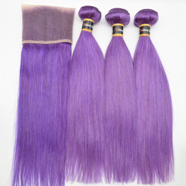 Violet Colored Brazilian Straight 3 Bundles With Lace Frontal